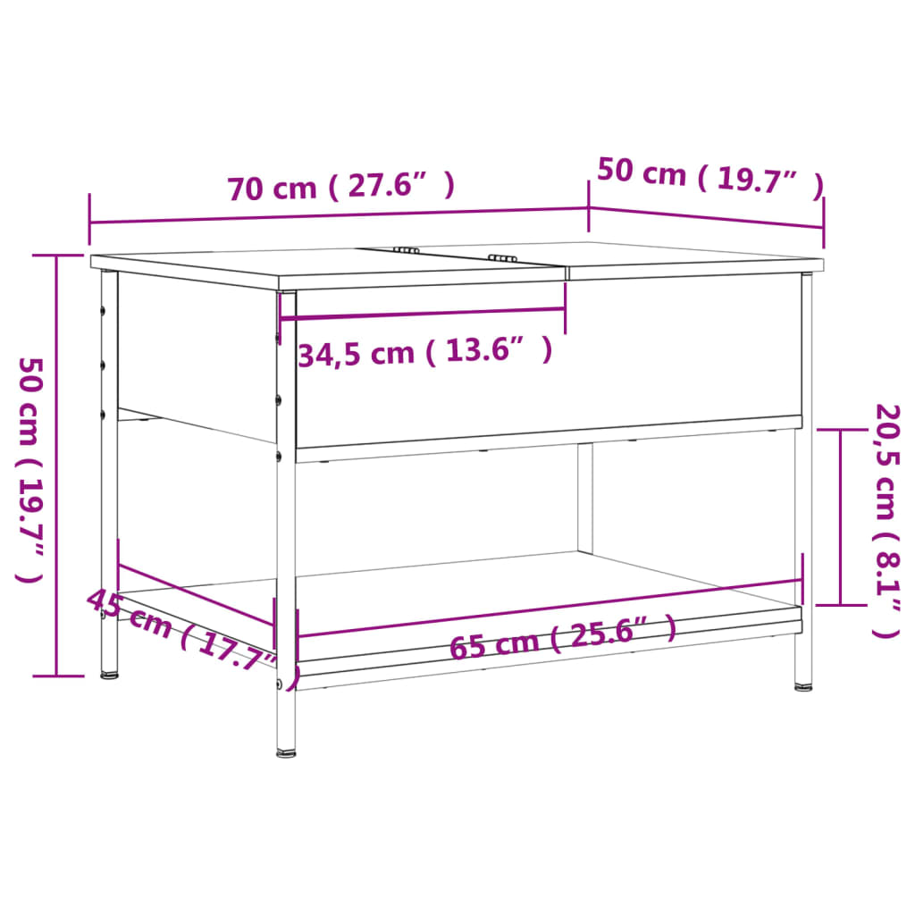 Couchtisch 70x50x50 cm verarbeitetes Holz und Metall Sonoma Eiche Farbe