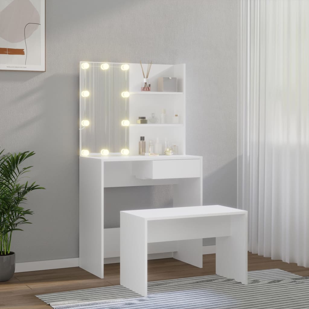 Schminktisch-Set mit LEDs, verarbeitetes Holz, weiß