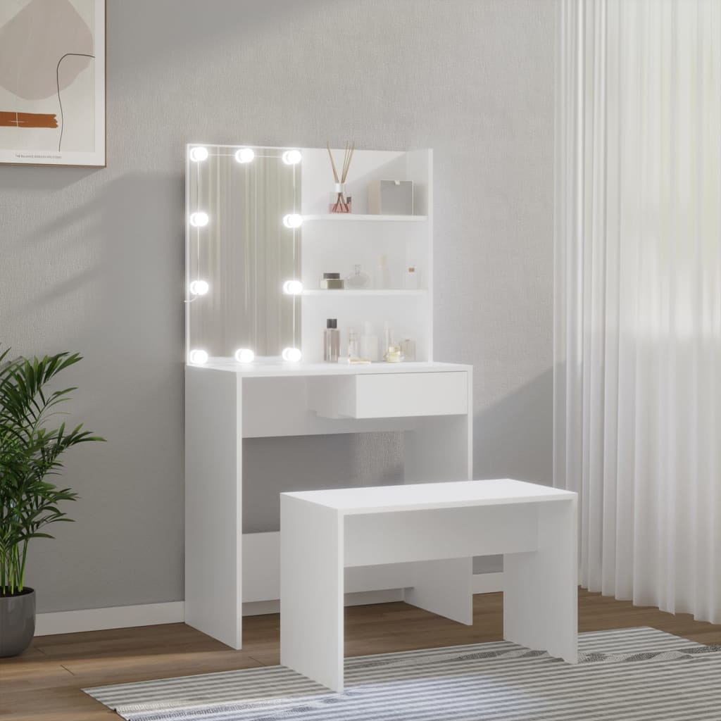 Schminktisch-Set mit LEDs, verarbeitetes Holz, weiß