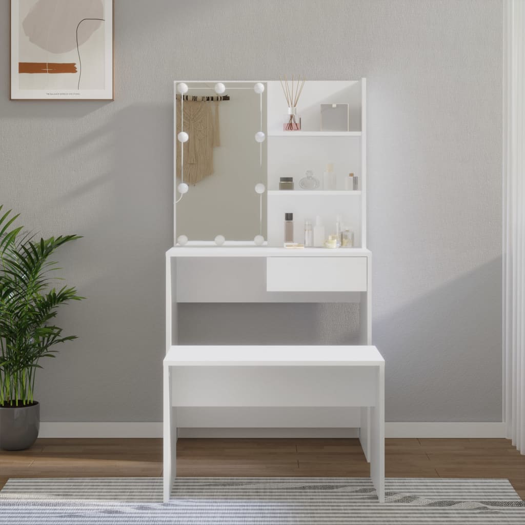 Schminktisch-Set mit LEDs, verarbeitetes Holz, weiß