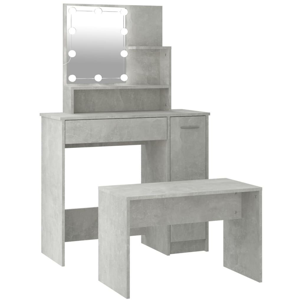 Schminktisch-Set mit LEDs, verarbeitetes Holz, betongrau