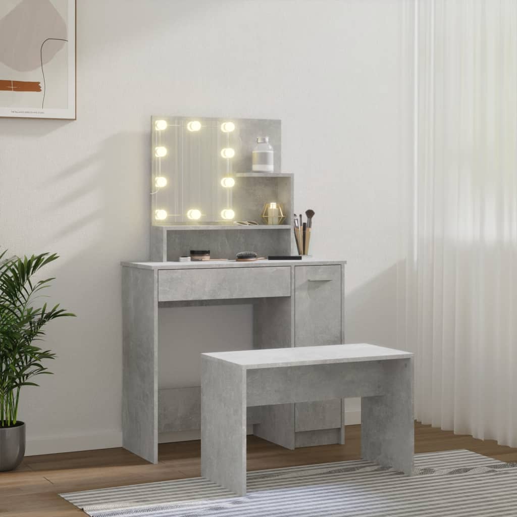 Schminktisch-Set mit LEDs, verarbeitetes Holz, betongrau