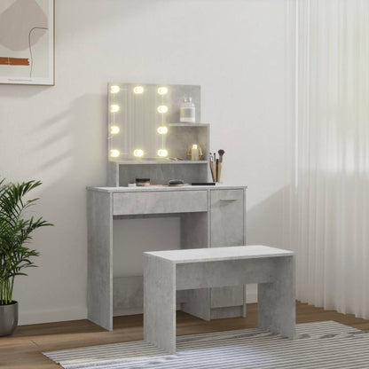 Schminktisch-Set mit LEDs, verarbeitetes Holz, betongrau