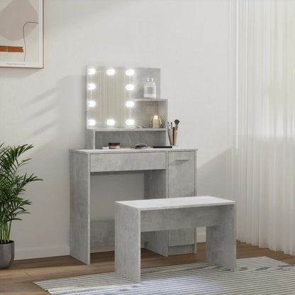 Schminktisch-Set mit LEDs, verarbeitetes Holz, betongrau