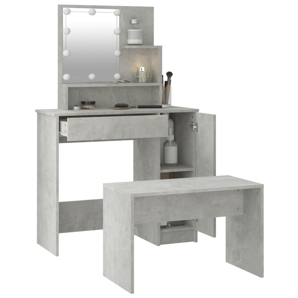 Schminktisch-Set mit LEDs, verarbeitetes Holz, betongrau