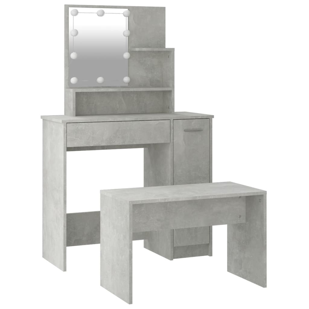 Schminktisch-Set mit LEDs, verarbeitetes Holz, betongrau