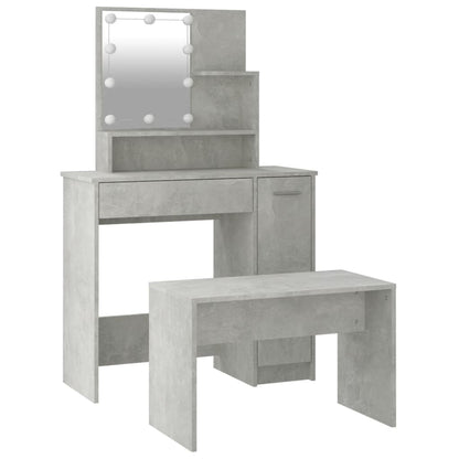 Schminktisch-Set mit LEDs, verarbeitetes Holz, betongrau