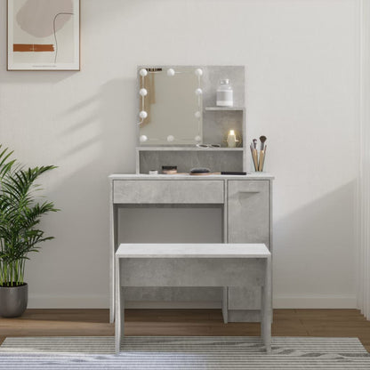 Schminktisch-Set mit LEDs, verarbeitetes Holz, betongrau