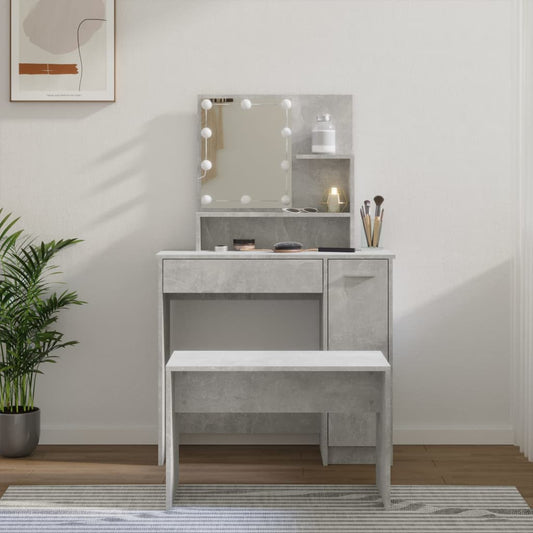 Schminktisch-Set mit LEDs, verarbeitetes Holz, betongrau