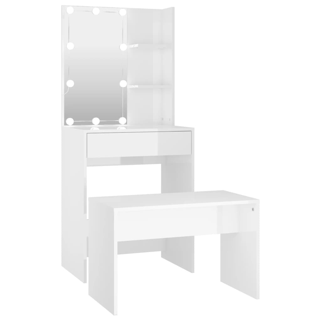 Schminktisch-Set mit LEDs, Holz verarbeitet, Hochglanz weiß