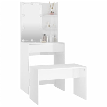 Schminktisch-Set mit LEDs, Holz verarbeitet, Hochglanz weiß