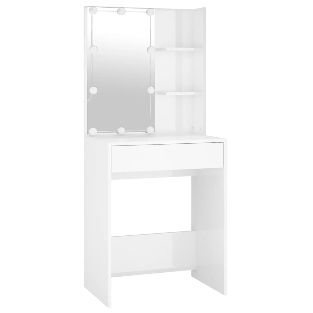 Schminktisch-Set mit LEDs, Holz verarbeitet, Hochglanz weiß