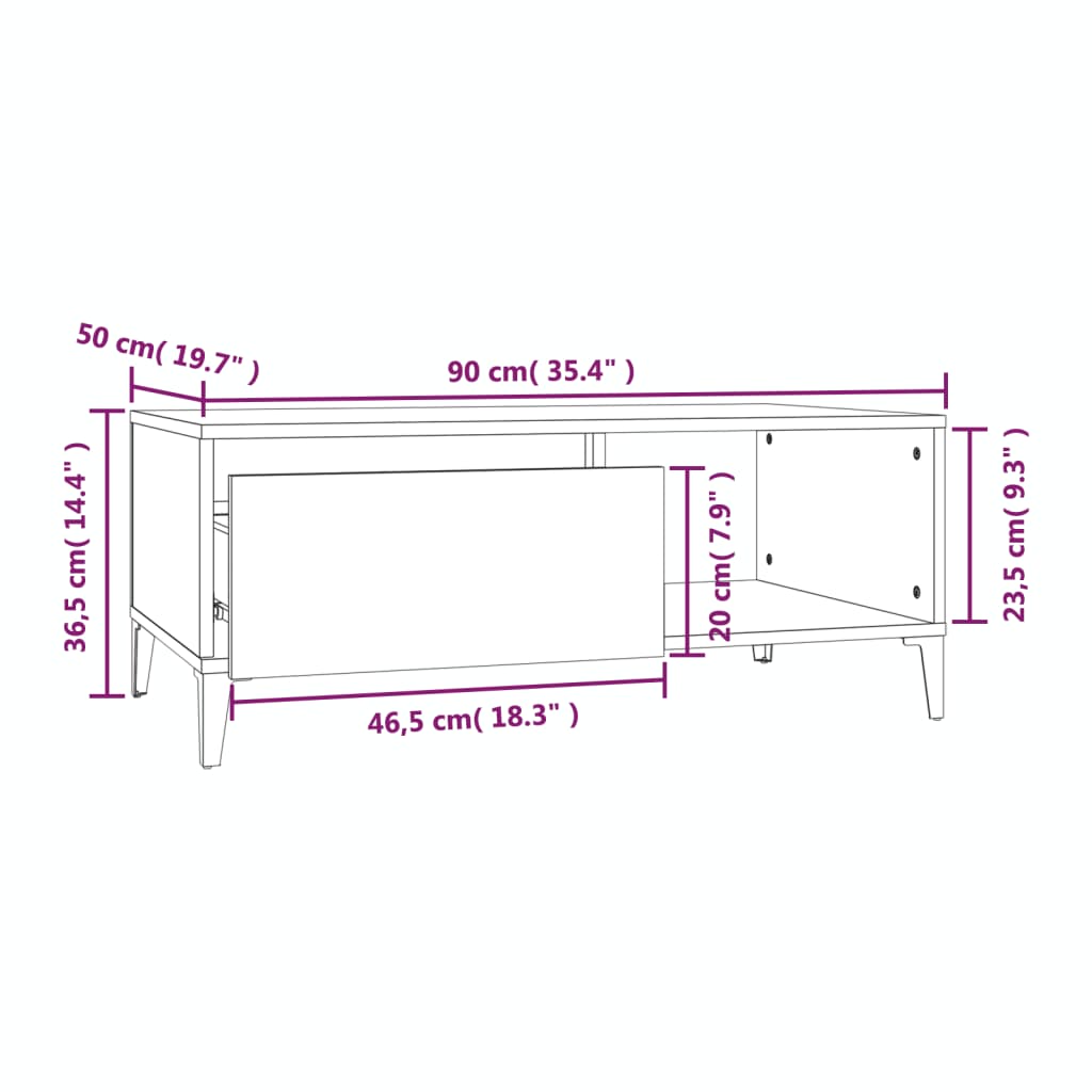 Couchtisch 90x50x36,5 cm verarbeitetes Holz Hochglanz weiß