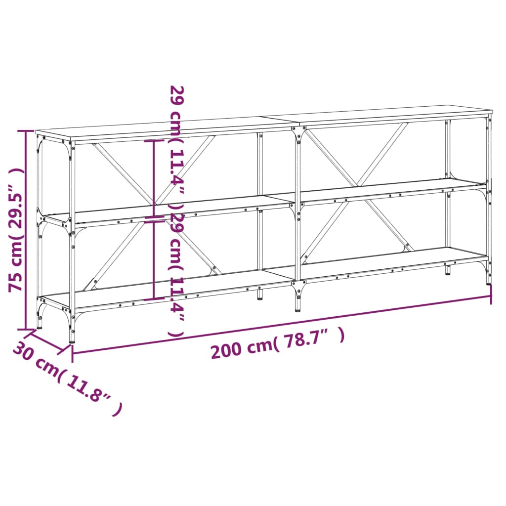 Wandtisch 200x30x75 cm verarbeitetes Holz und eisengraue Sonoma-Eiche