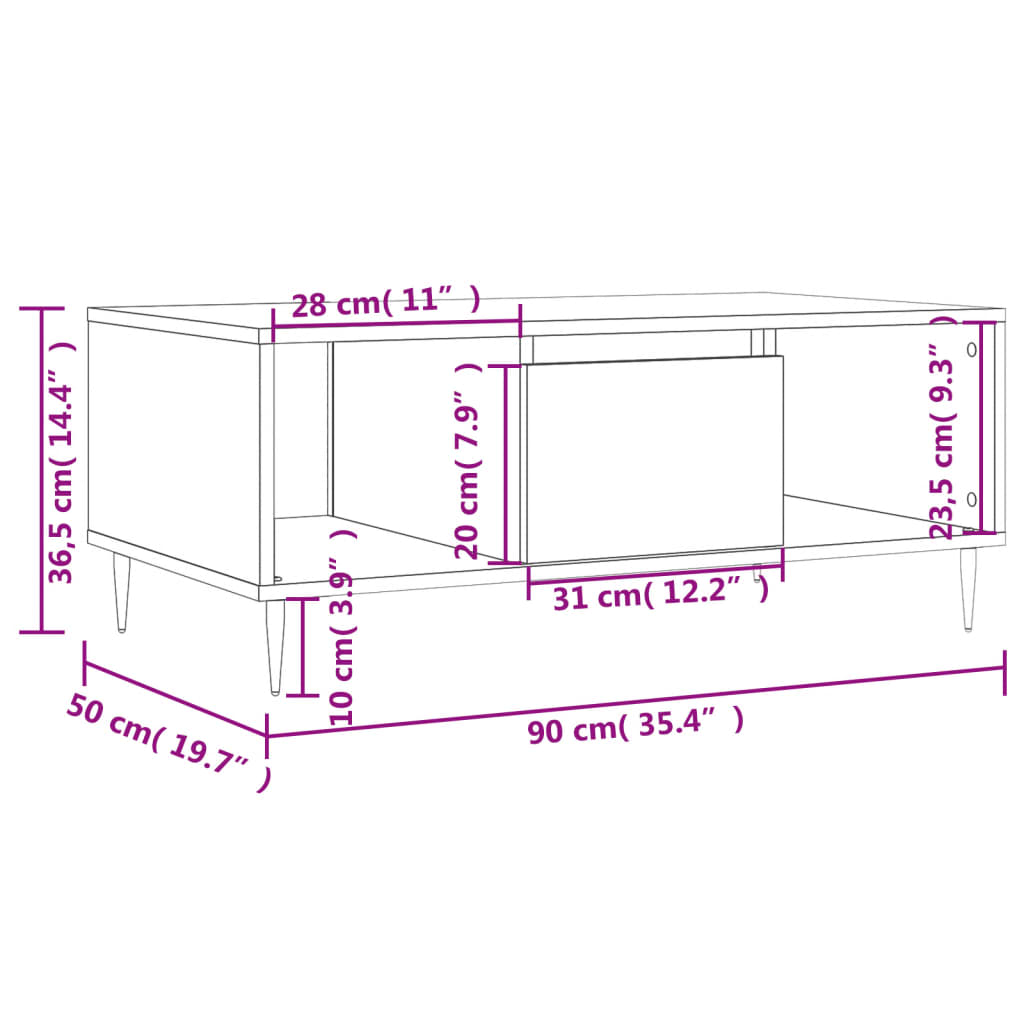 Couchtisch 90x50x36,5 cm verarbeitetes Holz Sonoma Eiche Farbe