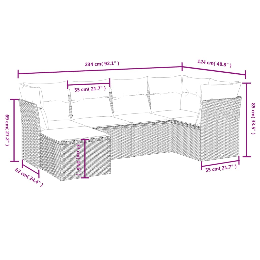 6-delige Loungeset met kussens poly rattan zwart