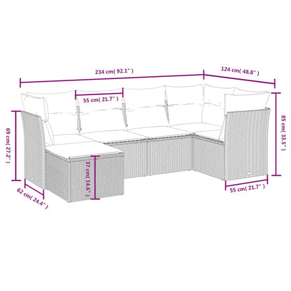 6-delige Loungeset met kussens poly rattan zwart
