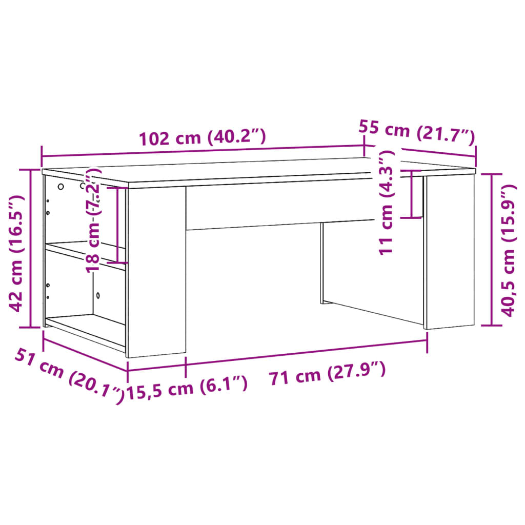Couchtisch 102x55x42 cm verarbeitetes Holz grau Sonoma Eiche Farbe